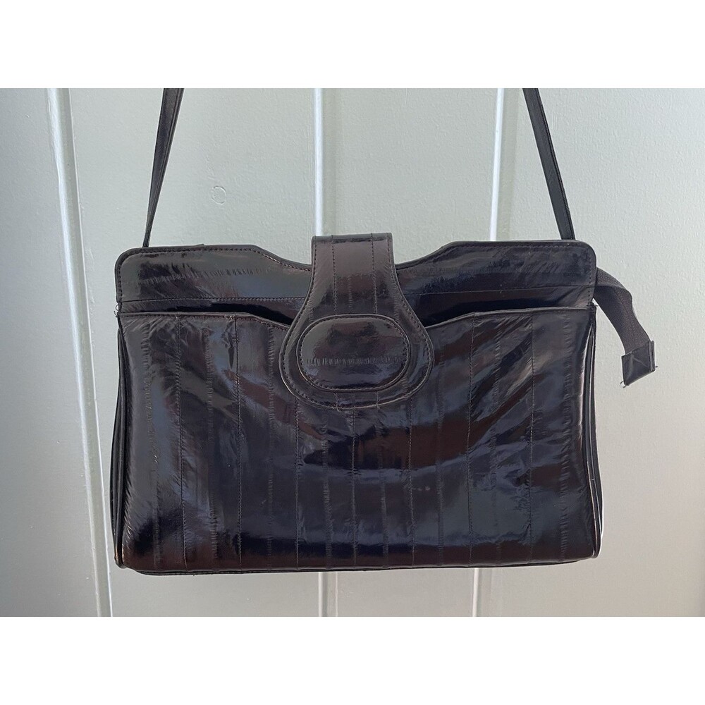 Vintage Eel Skin Handbag Crossbody Black Zip Snap 80's Retro Organizer